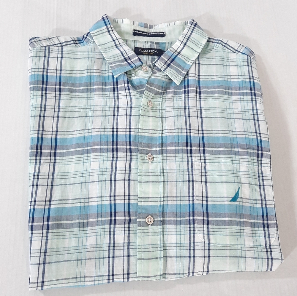 Nautica Linen Blend Plaid Short Sleeve Shirt